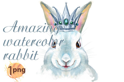 Watercolor illustration of a white rabbit with silver crown