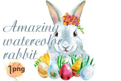 Watercolor illustration of a white rabbit with Easter eggs