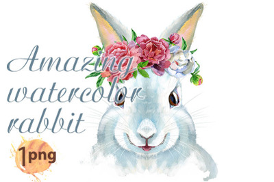 Watercolor illustration of a white rabbit with flowers