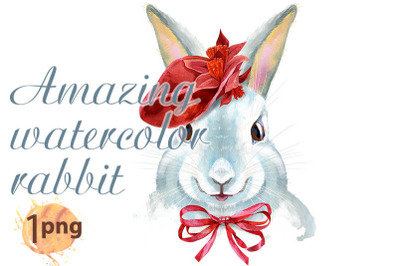 Watercolor illustration of a white rabbit in red hat