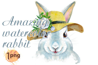 Watercolor illustration of a white rabbit in summer hat with flower