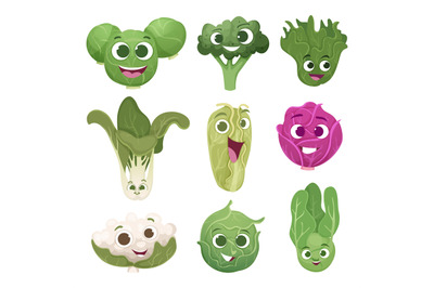 Cabbage characters. Vegetable comic persons with eyes and smile face e