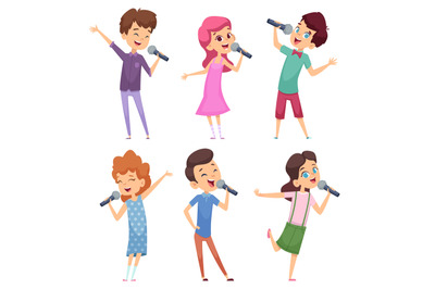 Singing kids. Happy cute childrens music voice study boys and girls st