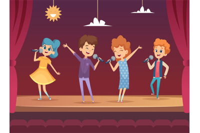 Kids stage. Children performance karaoke sing boys and girls vector ba