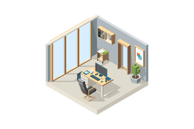 Office isometric. Business interior with furniture chair desk computer