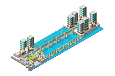 Urban river. City landscape with low poly buildings and bridge big via