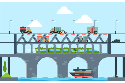 Landscape with bridge. Speed truck highway bridge with cars vector car