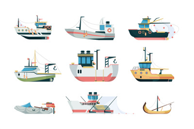 Fishing ship. Marine sea or ocean transport different fishing sailing