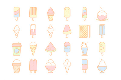 Colored ice cream icons. Frozen milk food balls in waffle cups smoothi