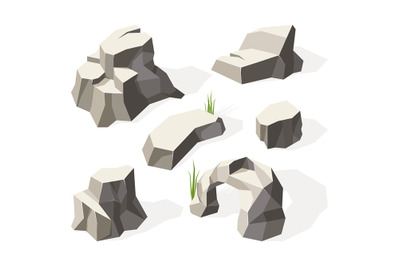 Rocks isometric. Gray stones for wall construction block granite miner