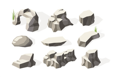 Stones isometric. Broken architecture rocks mineral elements stones su