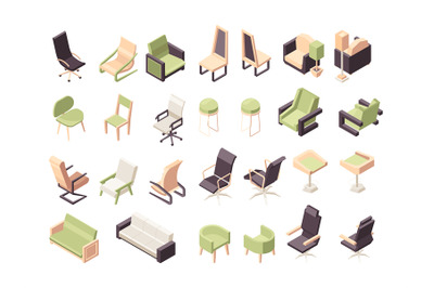 Armchairs isometric. Office furniture modern low poly chairs collectio