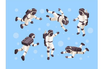 Astronaut isometric. Cosmo space futuristic human in special clothes v