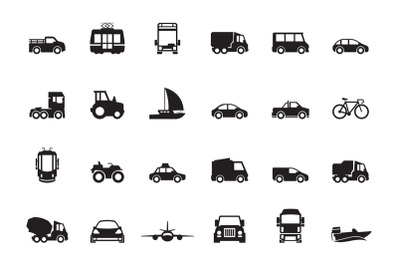 Transport silhouette. Airplanes ship car train vehicle logistic icons