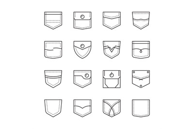 Pocket shapes. Textile sew clothe pockets bag casual style vector temp