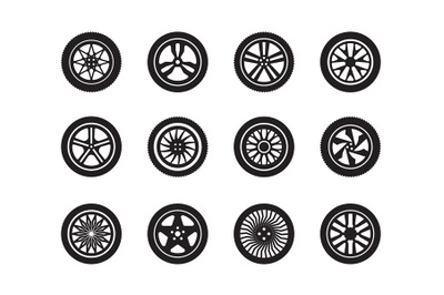 Wheels car. Tire shapes transport wheels silhouettes vector vehicle sy