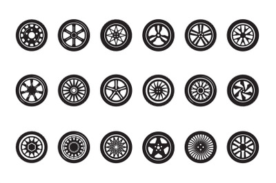 Car wheel collection. Automobile tire silhouettes racing vehicle wheel