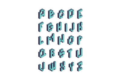 Pixel font. Isometric video game alphabet retro style 90s cubic letter