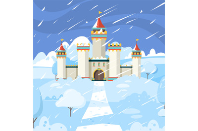 Winter castle. Fairytale frozen building kingdom medieval snow magic l