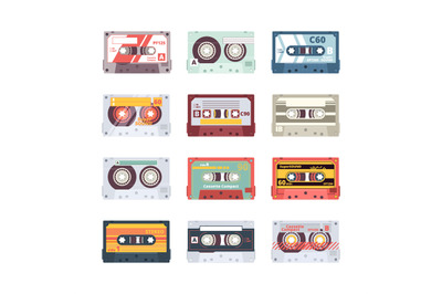 Music cassettes. Electronics audio player mixtape 80s technologies ste