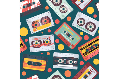 Audio cassette pattern. Stereo mixtape record music items funky style