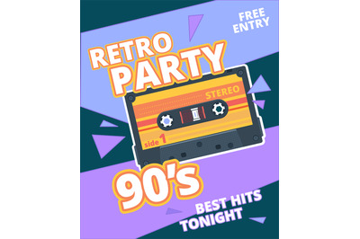 Retro party poster. 90s label with stereo audio cassette music backgro