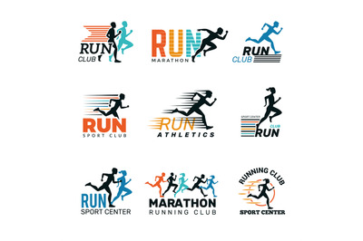 Running logo. Marathon club badges sport symbols shoe and legs jumping