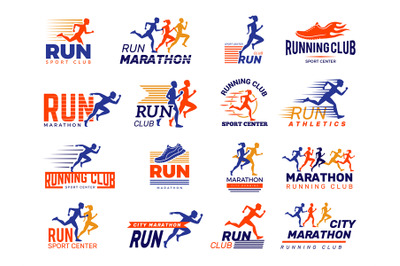 Sport logo. Healthy running marathon athletes sprinting badges vector