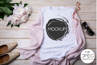 Womens T-shirt mockup with flat shoes and peony