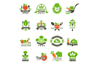 Vegan emblem. Fresh eco healthy food market vegetarian emblems green e