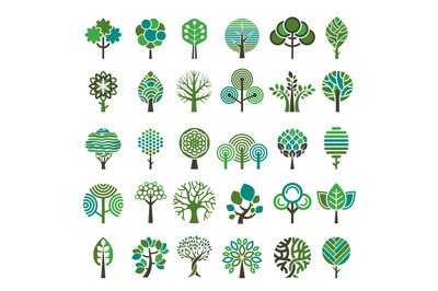 Logo tree. Eco nature wood trees stylized emblems or badges vector col