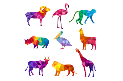 Polygonal animals. Low poly zoo silhouettes of animals triangular geom