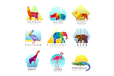 Animals logo. Zoo low poly triangular geometric symbols fo different a