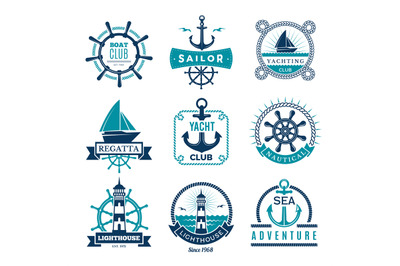 Marine labels. Nautical logo sailing boats rope and marine knot framed