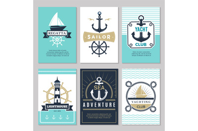Nautical cards. Marine vintage logotypes sea rope knot anchor ship oce
