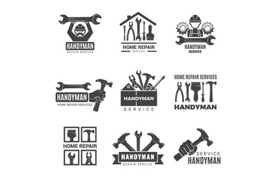 Handyman logo. Worker with equipment servicing badges screwdriver hand