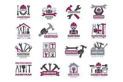 Handyman badges. Builders and workers contractor symbols technicians v