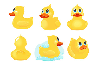 Rubber duck. Bath yellow cute toys water funny games vector duck carto