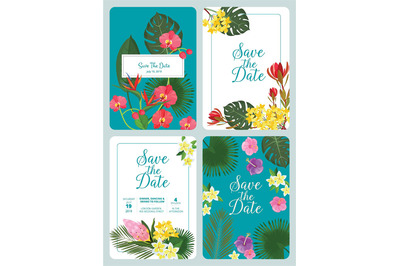 Save day invitation. Decorative tropical flowers leaf plants frame nat