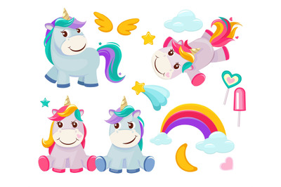 Unicorn. Cute magic animals happy birthday symbols little pony baby ho