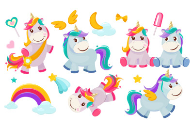 Magic unicorns. Baby little fairytale animals pony horse pink characte