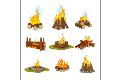 Fire camp. Wooden fireplace bonfire light hiking symbols travel collec