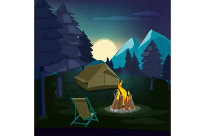 Night campfire. Wooden landscape with tent and fireplace with big burn