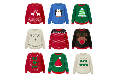 Ugly sweaters. Funny christmas clothes jumper with decoration cute sno