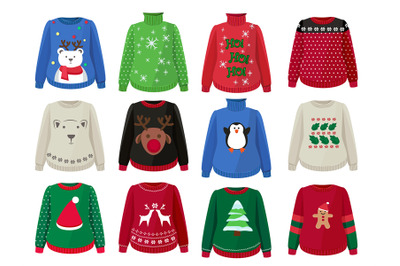 Christmas sweaters. Funny ugly clothes with christmas decoration vecto