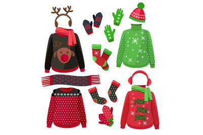 Christmas clothes. Winter ugly sweaters hats gloves scarves pullover w