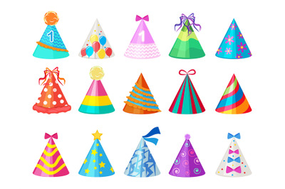 Party colored caps. Birthday cone hat for carnival vector pictures iso