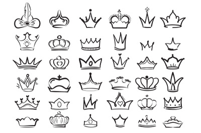 Crown doodles. Imperial king diadem regal symbols majestic sketch vect