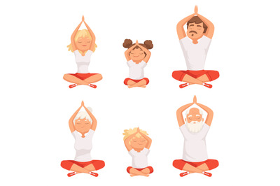 Yoga family. Parents and kids making exercises of yoga and meditation