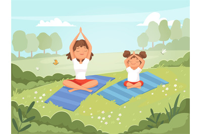 Family yoga. Mother and daughter making exercises outdoor in the park